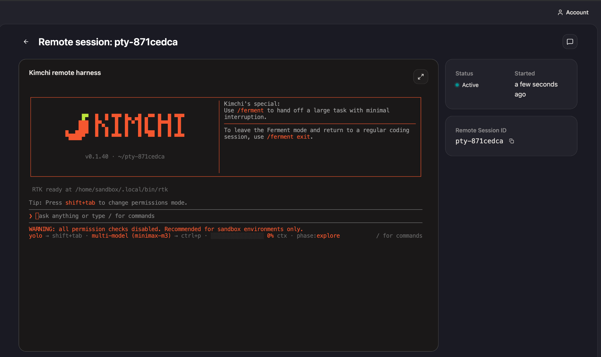 Kimchi remote session console showing an active sandbox