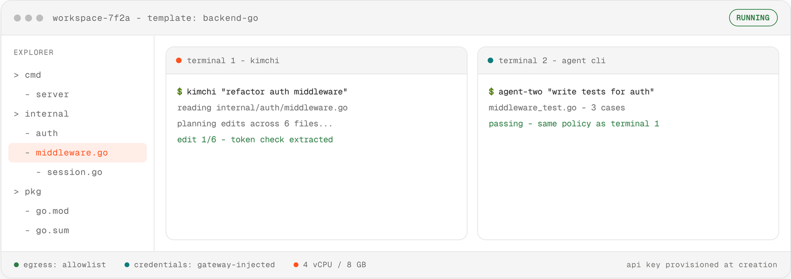 Kimchi Workspaces: one workspace with two agents running side by side