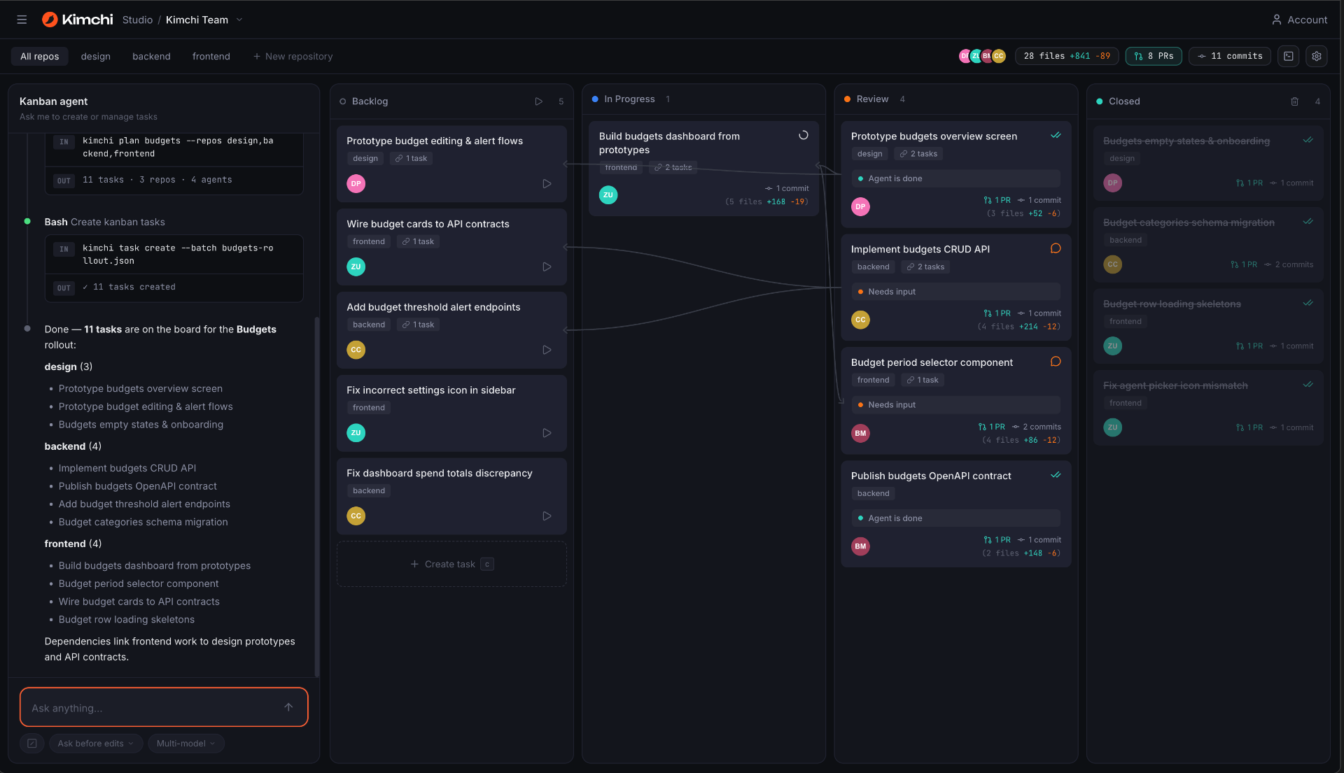 Kimchi Studio board showing parallel coding tasks across Backlog, In Progress, Review, and Closed columns