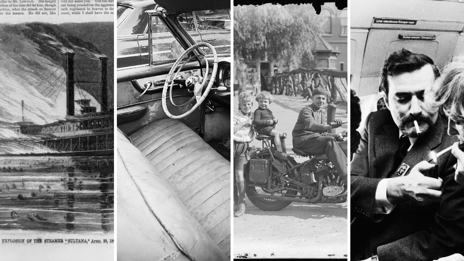 Explosion of the steamer Sultana, 1865 (Library of Congress, public domain); vintage car interior (MyStarCollectorCar); motorcycle, Rotterdam, 1930s (M.A.J. Hanse / Stadsarchief Rotterdam, CC BY 4.0)