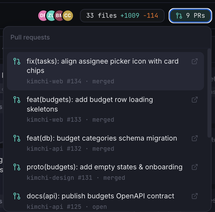 Pull request list surfaced on the Studio board with CI status and merge state