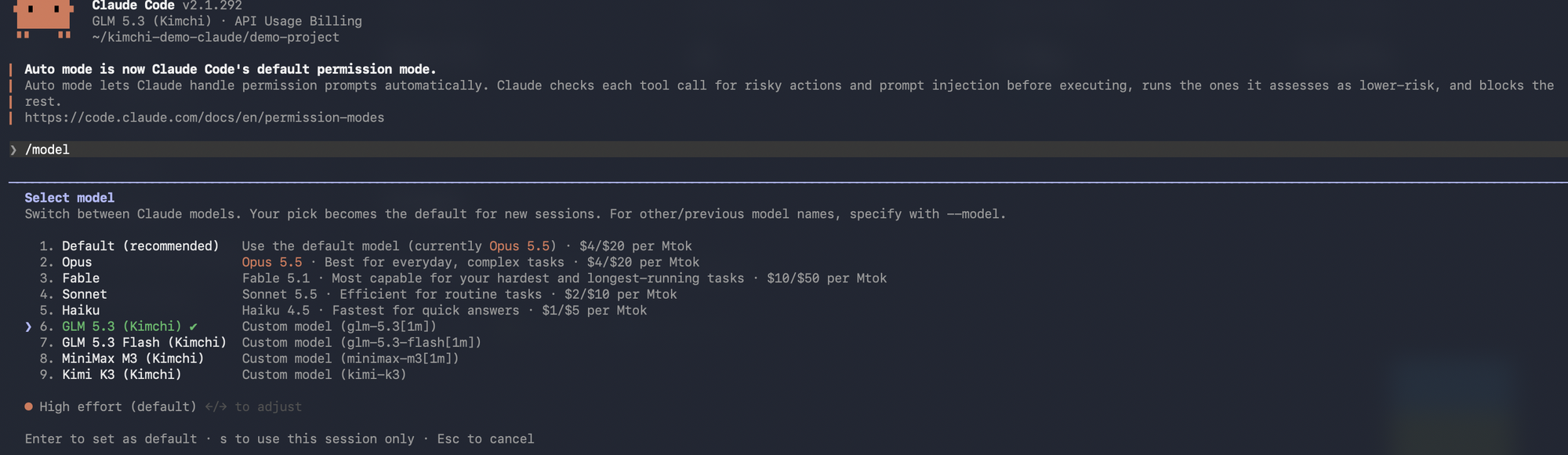 The /model picker with Claude's models and Kimchi's side by side, GLM 5.3 selected