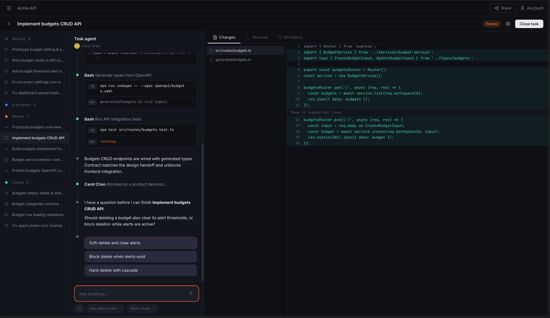 Studio task view: agent surfaces a product decision with three options for a human to choose