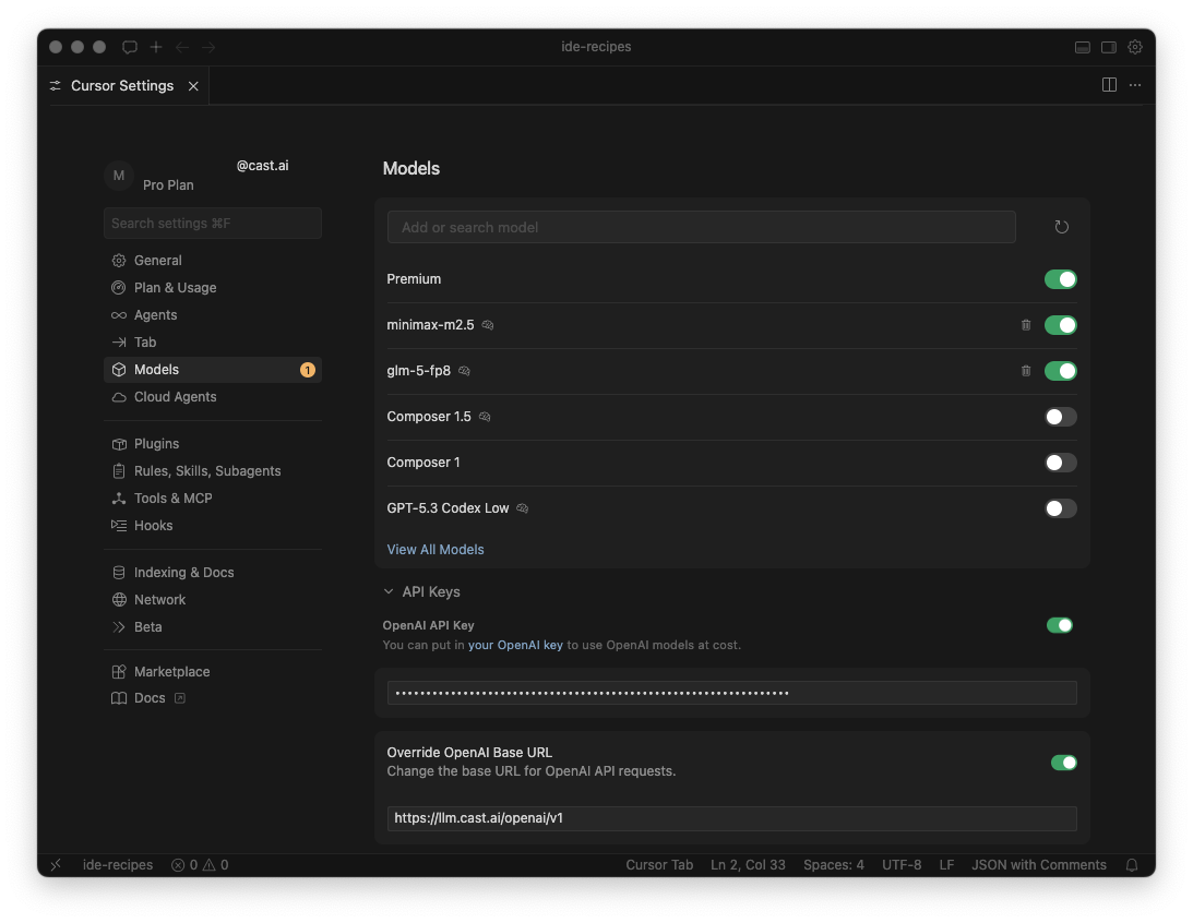 Cursor Settings showing Models panel with glm-5-fp8 and minimax-m2.5 enabled, OpenAI API Key set, and Override OpenAI Base URL pointed at Kimchi