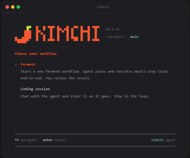 Kimchi CLI workflow picker