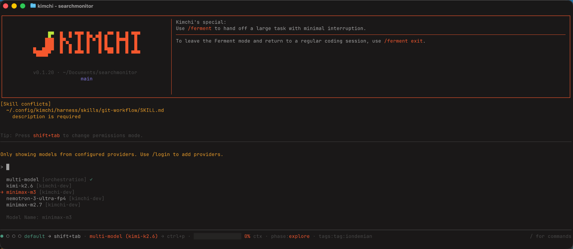 Kimchi terminal showing minimax-m3 selection